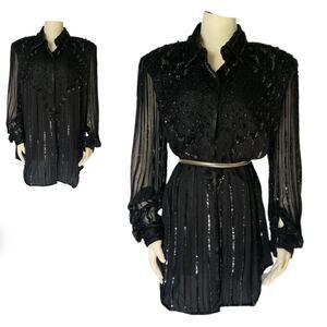 VTG Carina 100 Silk Black Sequin Heavily Beaded Button Up Tunic Sheer Sleeve 3XL